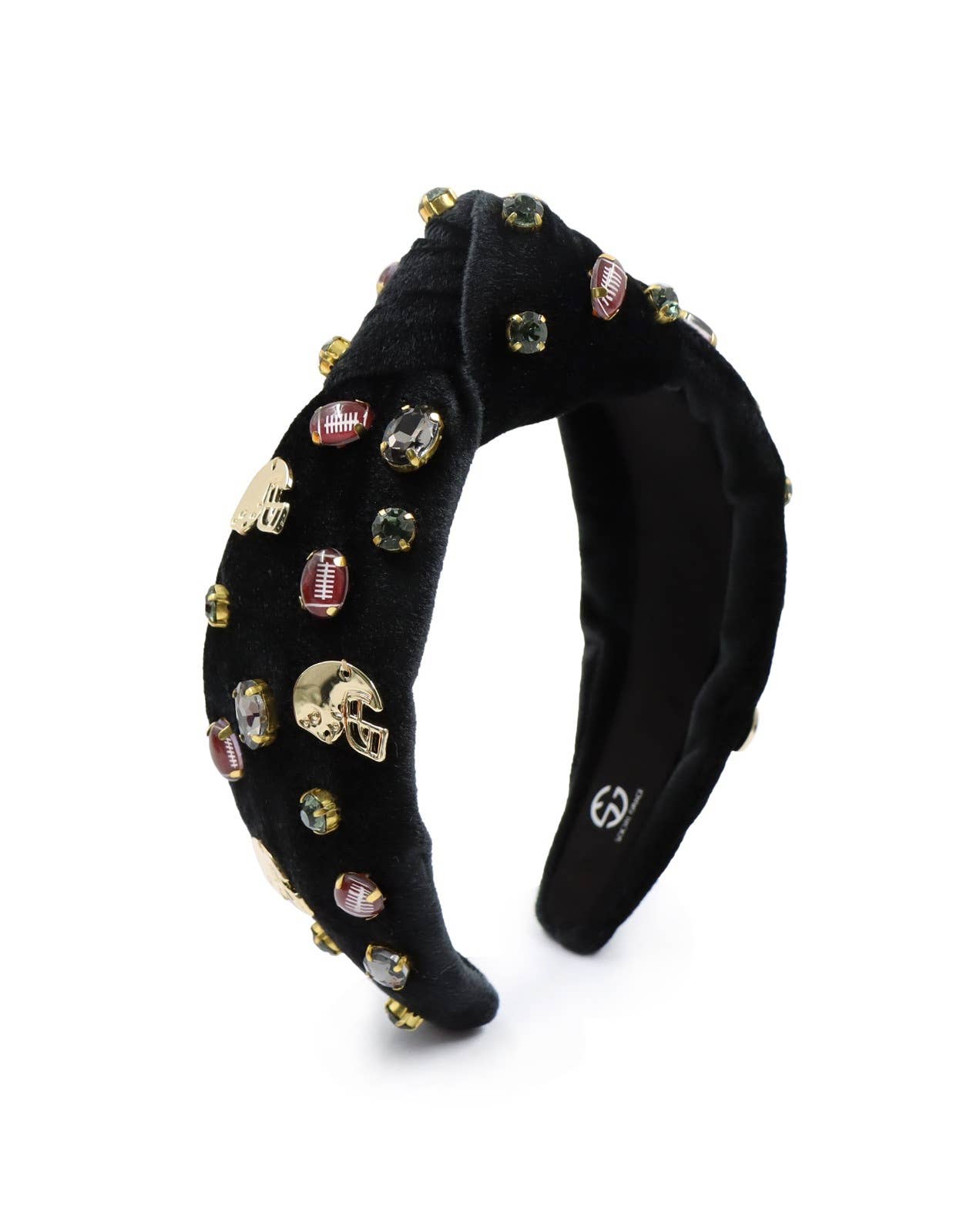 A black headband with gold detailing and a variety of beads and crystals, featuring a dynamic top knot.