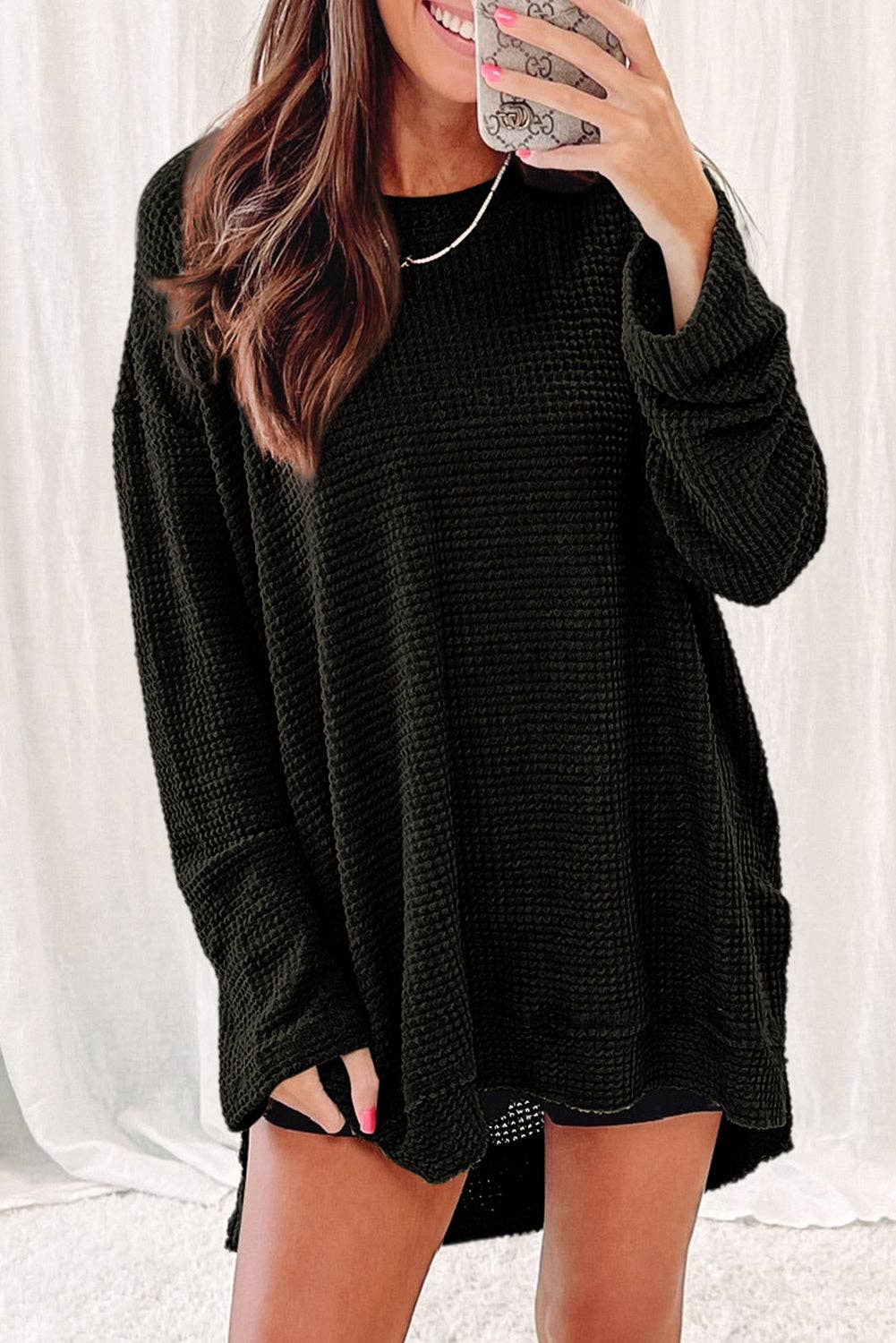 Waffle Knit High Slits Long Sleeve