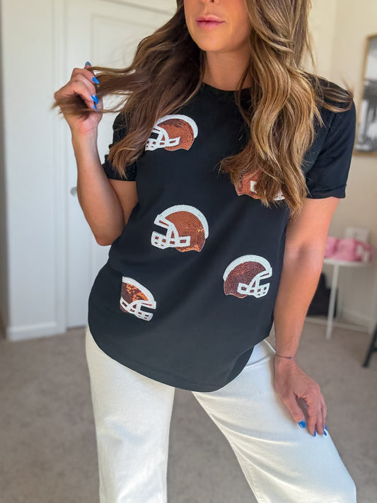 Sequin Football Helmet Game Day Tee