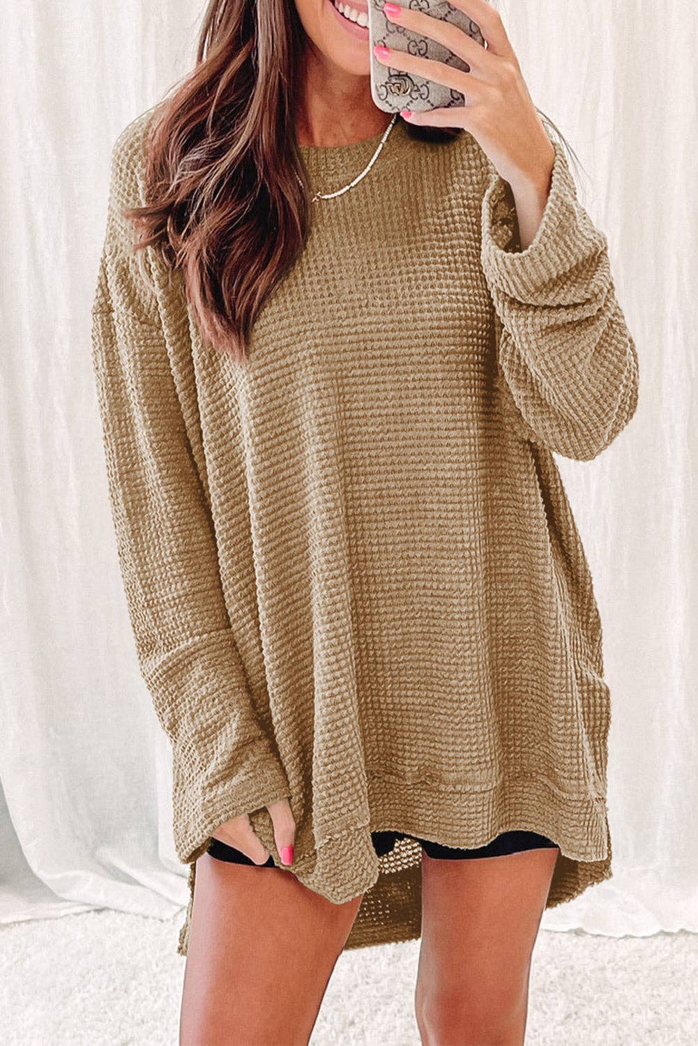 Waffle Knit High Slits Long Sleeve